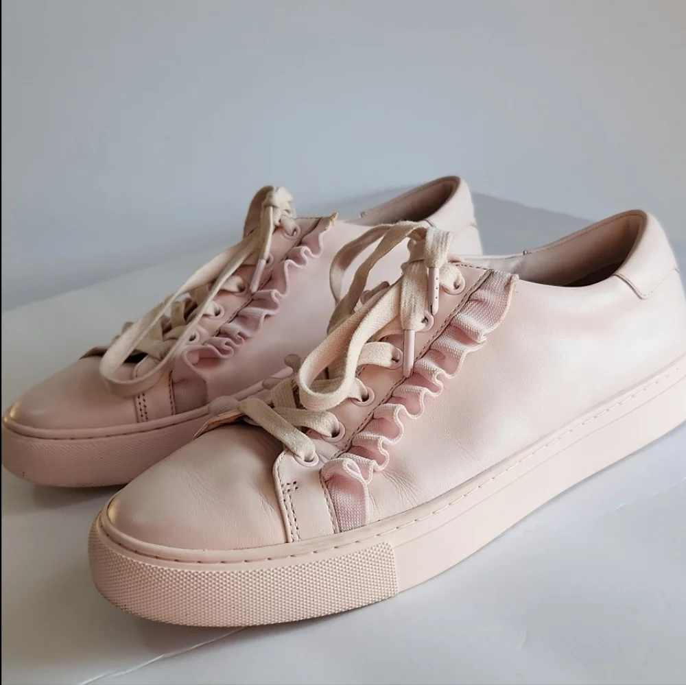 Tory Burch Sport Calf Leather Ruffle Sneakers Cotton Pink Size 9